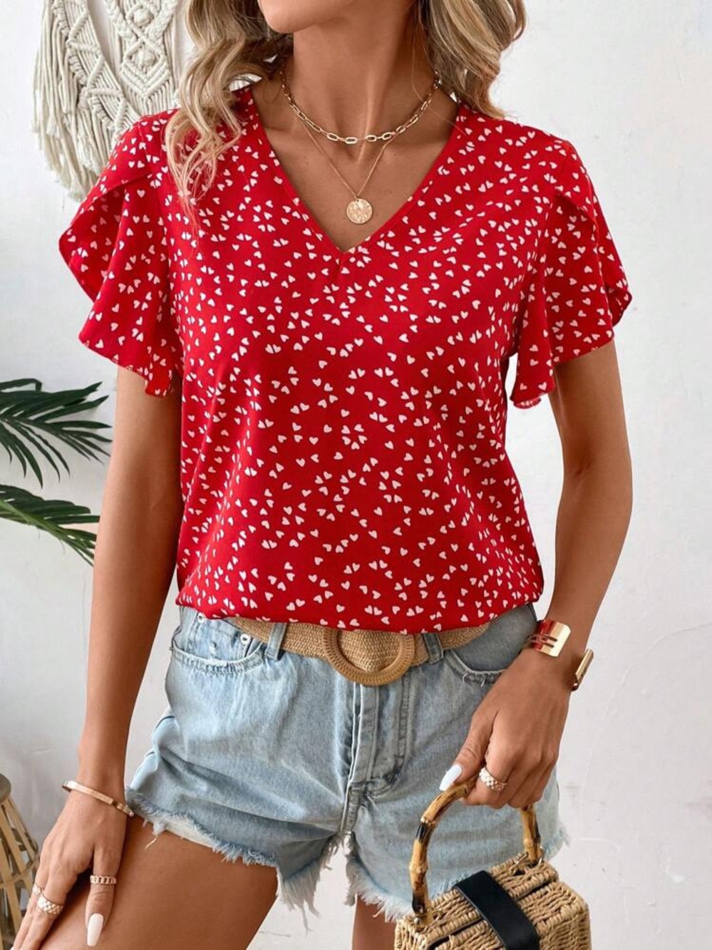 SHEIN | Elegant Ruffle Cuff V-Neck Floral Heart Print Blouse